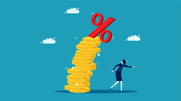 High interest costs. Businesswoman escaping the falling icon percentage. vector vector art illustration