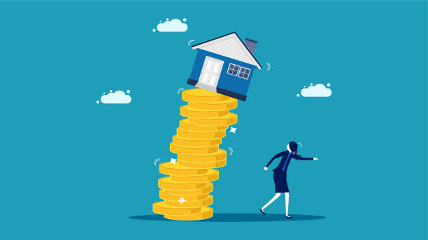The house fell from a pile of coins. A businesswoman fled from a falling house. vector vector art illustration