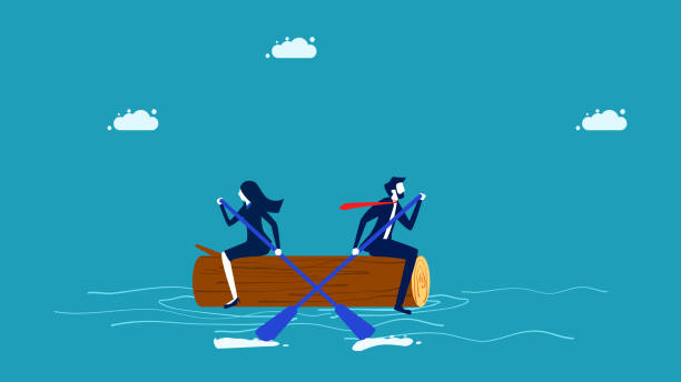 A businessman on a log is rowing a boat in different directions. vector vector art illustration