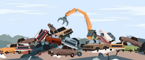 Vector illustration of Car dump junkyard landscape with metal pile, crane working, dismantling scrapyard