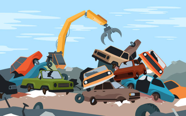 cartoon-stahlkranarbeit, demontage des schrottplatzes mit alten zerbrochenen und zerkleinerten teilen von autofahrzeugen, verlassener deponiehintergrund. auto-dump-schrottplatz. - autofriedhof stock-grafiken, -clipart, -cartoons und -symbole