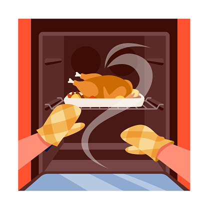 Hands in gloves open oven door, chef cooking roast chicken or turkey with potatoes