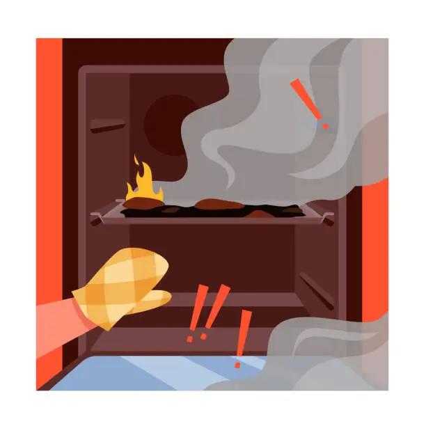 Vector illustration of Hands in fireproof protection open oven door, fire and smoke inside, accident in kitchen