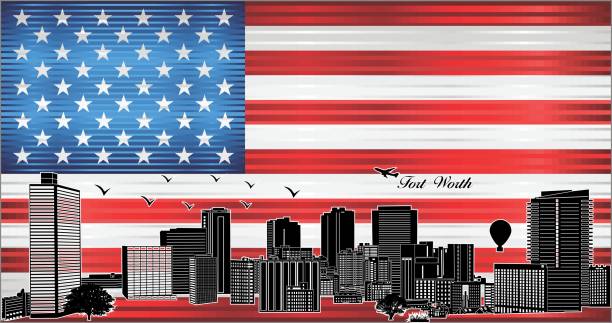 istock Fort Worth city skyline with flag of USA on background 1407801177