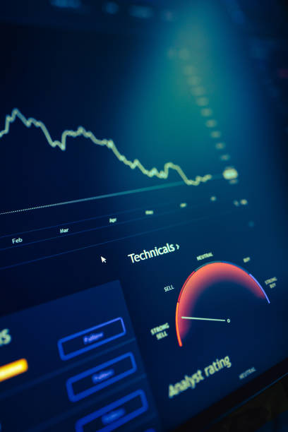 Bear market, recession concept. Stock market candle bar graph chart on monitor display. Shallow depth of field.