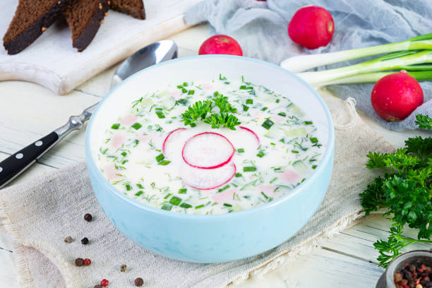 ヨーグルトと野菜の夏の冷たいスープ。伝統的なロシアの冷たいスープオクロシカ - soup cold russian culture traditional culture ストックフォトと画像