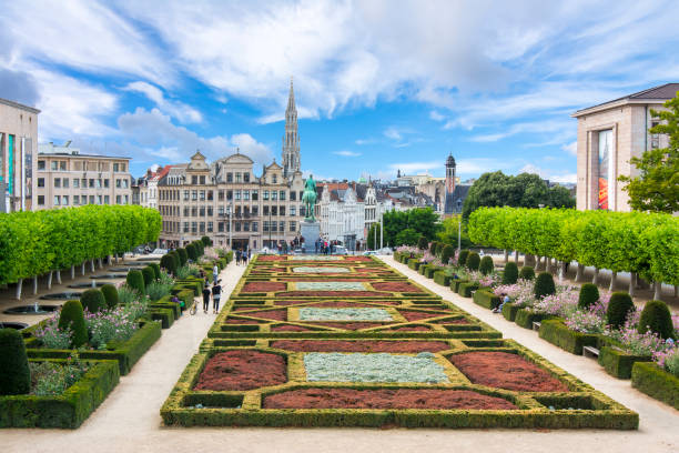 horizonte de bruselas y la torre del ayuntamiento, bélgica - región de bruselas capital fotografías e imágenes de stock