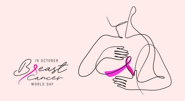 ilustraciones, imágenes clip art, dibujos animados e iconos de stock de dibujo de una línea de la mujer autocontrol del cáncer de mama y cinta de concientización - cancer de mama