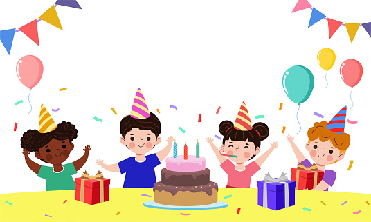 Happy children with cake and gift box with balloons at the Birthday party and group of friends isolated on white background Vector Illustration