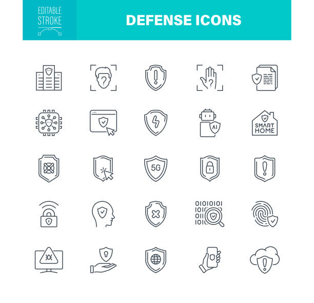 ilustraciones, imágenes clip art, dibujos animados e iconos de stock de iconos de defensa trazo editable. contiene iconos como seguridad informática, escudo, protección, escudo de armas - defensa jurídica