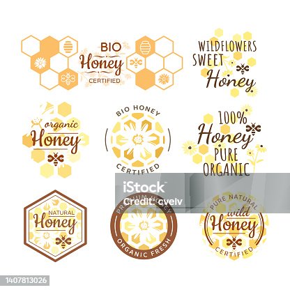 istock Colorful honey vector label with honeycomb 1407813026