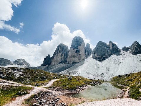 Panoramic view on the Tre Cime in Dolomites mountains