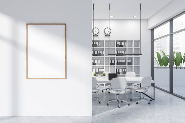 istock Light office room interior with board, shelf and panoramic view. Mockup frame 1407817563