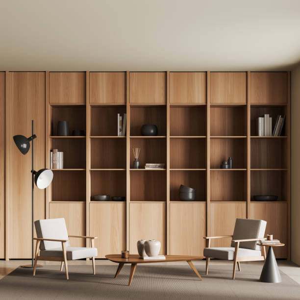 istock Chill room interior with two armchairs, shelf and stand with decoration 1407817569