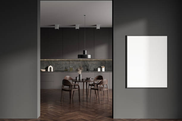 istock Kitchen interior with dining table on wooden floor, appliances. Mockup frame 1407817621