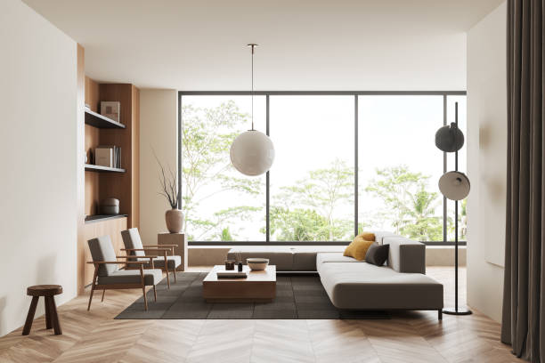 istock Light living room interior with two armchairs and couch, panoramic window 1407817865