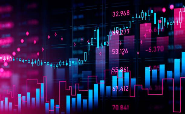 Forex graph lines and bars with candlesticks and numbers stock photo