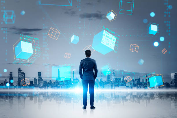 istock Businessman and New York skyline, data blocks in cyberspace and metaverse 1407818444