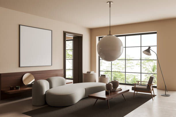 istock Chill room interior with couch and armchairs, shelf and window. Mockup frame 1407818539
