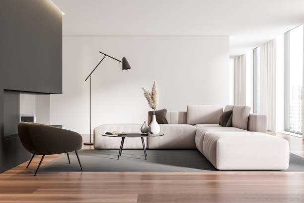 istock Stylish living room interior with couch and fireplace, panoramic window 1407818659