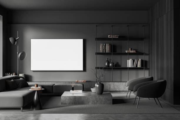 istock Chill room interior with tv zone with sofa and chairs, shelf and mockup screen 1407818775
