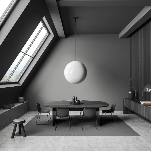 istock Living room interior with chairs and drawer, panoramic window 1407818946