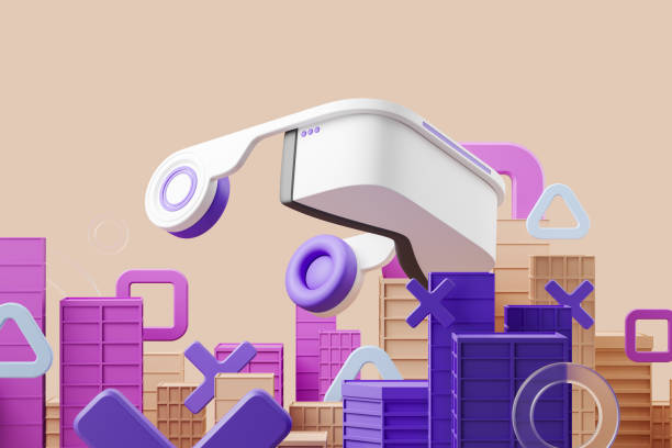 istock Vr headset and abstract city buildings with geometric figures 1407819024