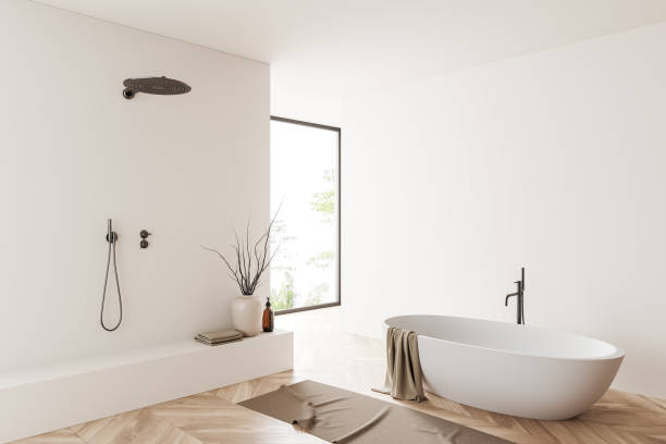 istock Modern bathroom interior with bathtub and douche. Mockup empty wall 1407819052