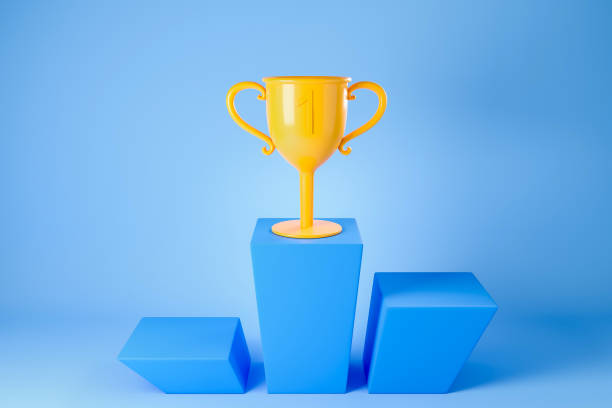 istock Gold cup on podium blue background, winner trophy 1407819122