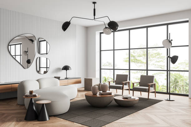 istock Light living room interior with two armchairs and couch, panoramic window 1407820050