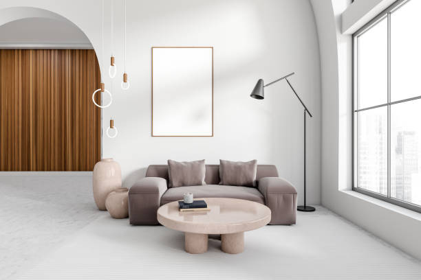 istock White living room interior with couch and panoramic window, mockup frame 1407820071