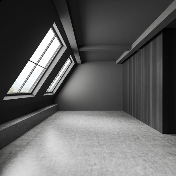 istock Grey empty attic apartment and panoramic window on countryside 1407820157