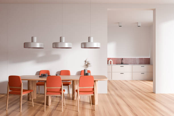 istock Light kitchen interior with eating table and seats, shelves and kitchenware 1407820441