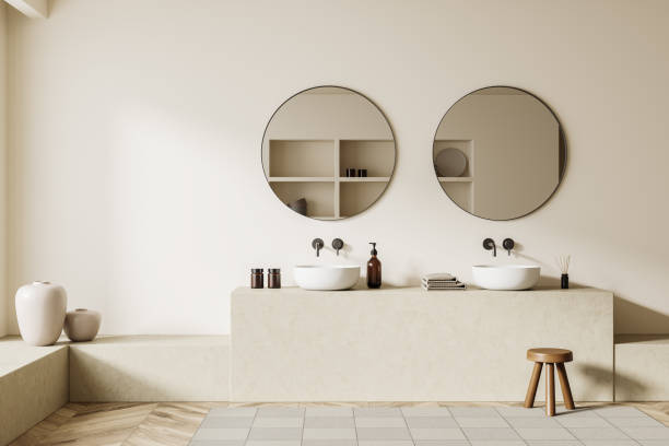 istock Light bathroom interior with sink and mirror, stool and accessories 1407820531