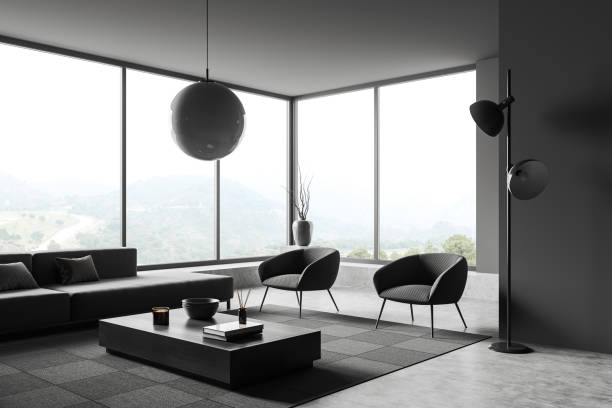 istock Grey living room interior with two armchairs and couch, panoramic window 1407820829