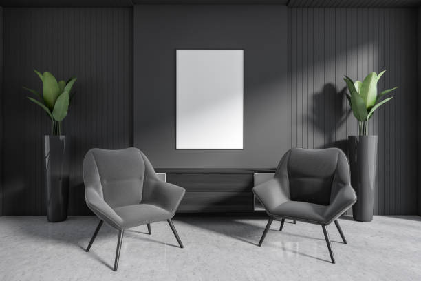 istock Grey office interior with armchairs and drawer, relax area. Mockup frame 1407820892
