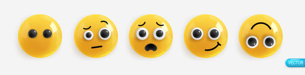 Realistic Emotion. 3d Render. Set Icon Smile Emoji. Vector yellow glossy emoticons. Yellow Glossy Realistic Emotion. 3d Render. Set Icon Smile Emoji. Emotions face without a mouth, raised eyebrows up in case of misunderstanding, surprise, mouth to one side, cheerful upside down. 3 d glasses stock illustrations
