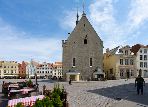 Tallinn, Estonia. July 2022.  view of the gothic town hall building in the old town