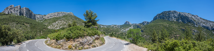 Curved mountain road near Gemenos in the Bouches-du-Rhône department. An excellent place for motorbike holidays.