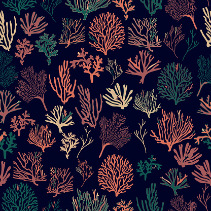 Coral reef seamless pattern. Colorful fashion background. Perfect for fabrics, wallpapers, home textiles, packaging and wrapping.