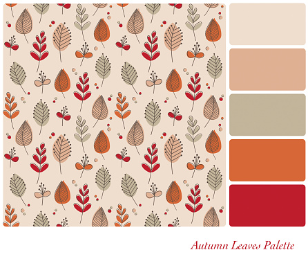 Autum leaves and flowers in retro style and colour scheme. Seamless design set in a colour palette with complimentary colour swatches. EPS10 vector format.