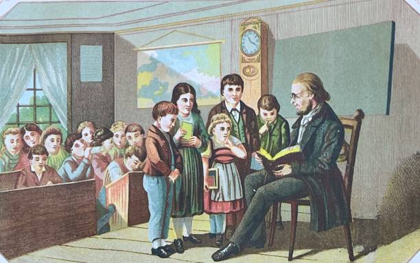 In the classroom, teacher explaining Illustration from 19th century. 1890 stock illustrations