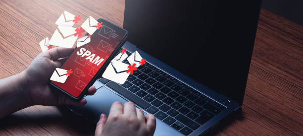 Banner of mail spam concept on smartphone. Communication business technology. Protect spam mail from internet cyber security. phone spam photos stock pictures, royalty-free photos & images