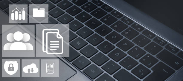 istock Banner close up of laptop keyboard with digital administration interface. 1407827389