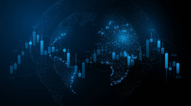 Chart of investment financial data with glowing globe. Modern technology background. World stock market investment trading graph. Business concept. Vector illustration Chart of investment financial data with glowing globe. Modern technology background. World stock market investment trading graph. Business concept. Vector illustration. EPS 10 stock market trading stock illustrations