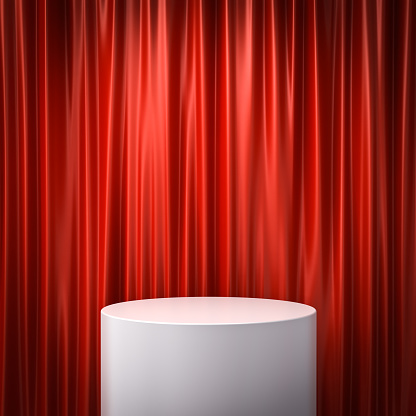 Blank white podium pedestal or product platform isolated on red curtain background with dim shadow minimal concept 3D rendering