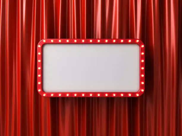 Photo of Retro billboard sign or blank shining signboard with glowing yellow neon light bulbs on red curtain background with shadow 3D rendering