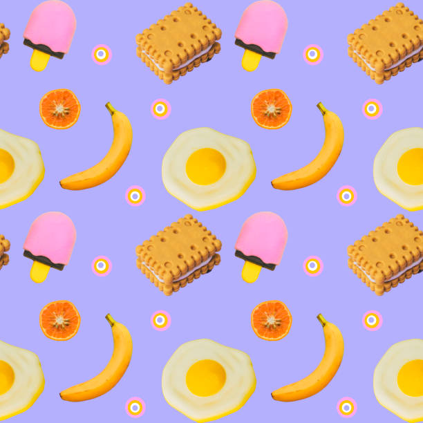 breakfast set of scrambled eggs, banana, ice cream and orange. creative concept, seamless pattern. - psychedelic funky yellow orange imagens e fotografias de stock