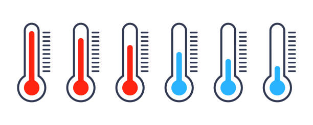 Set with red and blue thermometer icons. Temperature from high to low. Hot and cold. Set with red and blue thermometer icons. Temperature from high to low. Hot and cold. Temperature scale. temp gauge stock illustrations