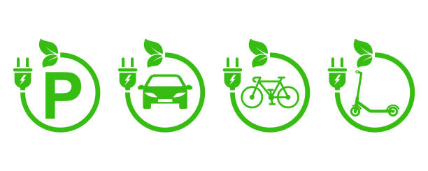 ikony wektorowe stacji ładowania. ładowanie rowerów, samochodów i skuterów elektrycznych. punkt eco recharge energii. - electro stock illustrations